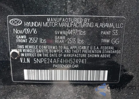 2017 Hyundai Sonata Se from USA, damaged, VIN 5NPE24AF4HH524941